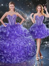 Adorable Purple Lace Up Sweetheart Beading and Ruffles Quinceanera Gowns Organza Sleeveless