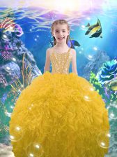 Elegant Gold Ball Gowns Straps Sleeveless Organza Floor Length Lace Up Beading and Ruffles Girls Pageant Dresses