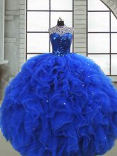 High Class Sleeveless Ruffles and Sequins Zipper Quince Ball Gowns