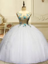 New Arrival Scoop Sleeveless Organza Quince Ball Gowns Appliques and Ruffles Lace Up