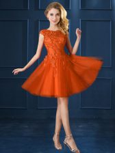 Romantic Knee Length Orange Red Court Dresses for Sweet 16 Bateau Cap Sleeves Lace Up