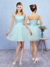 Modest Sweetheart Sleeveless Quinceanera Court of Honor Dress Mini Length Appliques Aqua Blue Tulle