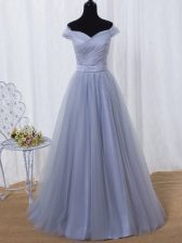  Lavender Lace Up Off The Shoulder Ruching and Belt Evening Dress Tulle Sleeveless