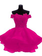 Fantastic Sweetheart Sleeveless Mini Length Beading and Lace and Appliques and Ruffles Fuchsia Organza
