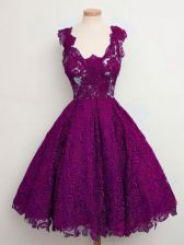 Lovely Purple A-line Lace Quinceanera Court of Honor Dress Lace Up Lace Sleeveless Knee Length