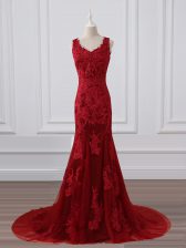  Red V-neck Zipper Lace and Appliques Evening Dress Brush Train Sleeveless