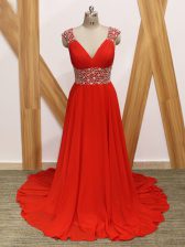  Red Sleeveless Beading Backless Prom Party Dress