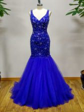 Edgy Royal Blue Straps Criss Cross Beading Prom Evening Gown Brush Train Sleeveless