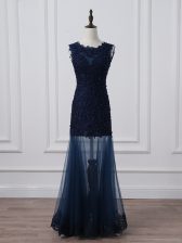  Tulle Scoop Sleeveless Lace Up Lace and Appliques Evening Dress in Navy Blue
