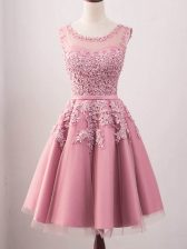  A-line Vestidos de Damas Pink Scoop Tulle Sleeveless Knee Length Lace Up