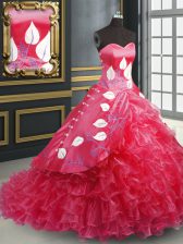 Stunning Coral Red Quinceanera Dresses Military Ball and Sweet 16 and Quinceanera with Embroidery and Ruffled Layers Sweetheart Sleeveless Brush Train Lace Up