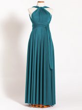 Suitable Teal Sleeveless Ruching Floor Length Dama Dress for Quinceanera