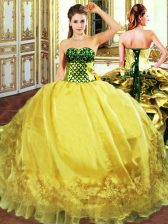 Charming Embroidery and Ruffles Sweet 16 Dress Gold Lace Up Sleeveless Floor Length