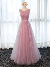 Great Sleeveless Floor Length Beading and Belt Zipper Prom Evening Gown with Pink 