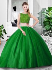 Latest Green Sleeveless Lace and Ruching Floor Length Vestidos de Quinceanera