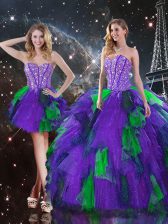 Custom Fit Multi-color Tulle Lace Up Sweetheart Sleeveless Floor Length Quinceanera Dress Beading and Ruffles