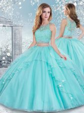 Tulle Scoop Sleeveless Clasp Handle Beading and Lace Quinceanera Gowns in Aqua Blue