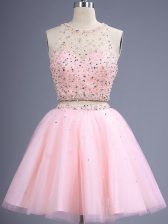 Artistic Baby Pink Two Pieces Beading Dama Dress for Quinceanera Lace Up Tulle Sleeveless Knee Length