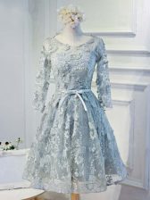 Fancy Knee Length Lace Up Prom Evening Gown Grey for Prom and Party and Sweet 16 with Lace and Appliques and Belt