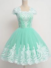  Apple Green Zipper Square Lace Vestidos de Damas Tulle Cap Sleeves