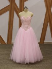 New Style Baby Pink Tulle Lace Up Sweetheart Sleeveless Floor Length Beading