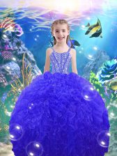  Floor Length Ball Gowns Sleeveless Royal Blue Kids Pageant Dress Lace Up