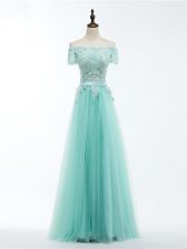  Apple Green Prom Dress Prom and Party and Military Ball and Sweet 16 with Lace and Appliques Scalloped Short Sleeves Lace Up