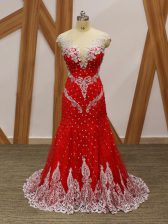 Discount Red Zipper V-neck Beading and Lace and Appliques Evening Dress Tulle Cap Sleeves Brush Train