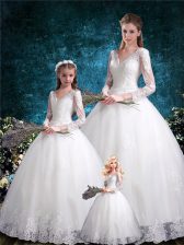 Fitting White Ball Gowns Tulle V-neck Half Sleeves Lace Floor Length Lace Up Sweet 16 Quinceanera Dress