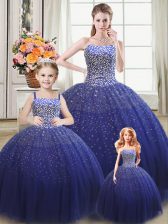 Custom Made Royal Blue Ball Gowns Beading Quince Ball Gowns Lace Up Tulle Sleeveless Floor Length