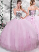  Lilac Lace Up Quinceanera Dresses Beading Sleeveless Brush Train