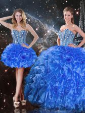  Royal Blue Ball Gowns Sweetheart Sleeveless Organza Floor Length Lace Up Beading and Ruffles Ball Gown Prom Dress