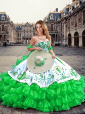 Colorful Floor Length Lace Up Quinceanera Gown Green for Military Ball and Sweet 16 and Quinceanera with Embroidery and Ruffled Layers