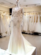 Hot Selling Champagne Prom Dress Military Ball and Sweet 16 with Beading V-neck Cap Sleeves Brush Train Backless