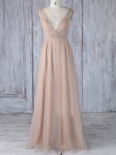 Captivating Floor Length Peach Quinceanera Court of Honor Dress V-neck Sleeveless Zipper