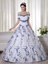 Captivating White Off The Shoulder Lace Up Embroidery Quinceanera Gown Short Sleeves