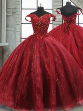 Fantastic Lace Up 15 Quinceanera Dress Wine Red for Military Ball and Sweet 16 and Quinceanera with Beading Brush Train