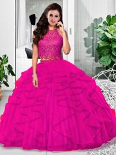 Custom Fit Fuchsia Two Pieces Lace and Ruffles 15 Quinceanera Dress Zipper Tulle Sleeveless Floor Length
