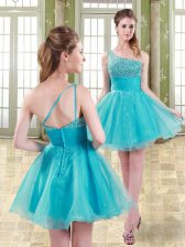 Amazing A-line Dress for Prom Aqua Blue One Shoulder Organza Sleeveless Mini Length Zipper