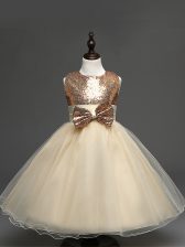 Classical Champagne Tulle Zipper Scoop Sleeveless Tea Length Child Pageant Dress Sequins and Bowknot