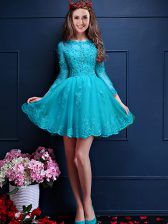 Simple Aqua Blue Lace Up Quinceanera Dama Dress Beading and Lace and Appliques 3 4 Length Sleeve Mini Length