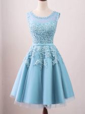 Shining Scoop Sleeveless Quinceanera Court of Honor Dress Knee Length Lace Aqua Blue Tulle