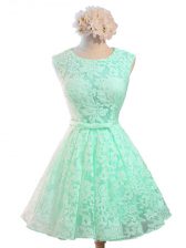 Edgy Apple Green Scoop Neckline Belt Dama Dress for Quinceanera Sleeveless Lace Up