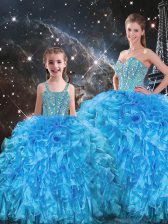 Modern Sleeveless Floor Length Beading and Ruffles Lace Up Quinceanera Dresses with Baby Blue