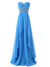 Captivating Baby Blue Lace Up Sweetheart Beading and Ruching Chiffon Sleeveless Brush Train