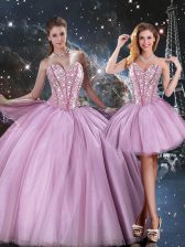  Sleeveless Floor Length Beading Lace Up Sweet 16 Dress with Lilac