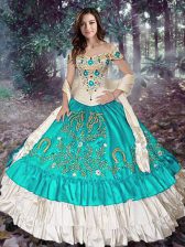  Blue And White Sleeveless Floor Length Embroidery and Ruffled Layers Lace Up Quinceanera Gown