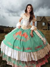  Multi-color Ball Gowns Taffeta Off The Shoulder Sleeveless Embroidery and Ruffled Layers Lace Up Sweet 16 Quinceanera Dress Brush Train
