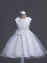  White Zipper Scoop Lace Kids Pageant Dress Organza Sleeveless