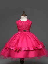  Hot Pink Tulle Zipper Little Girl Pageant Gowns Sleeveless Knee Length Lace and Bowknot